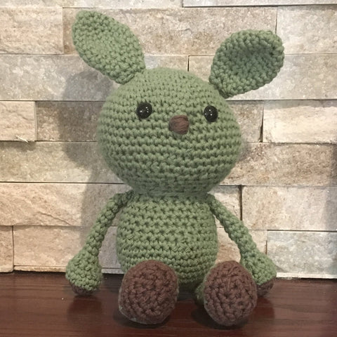 Crocheted and Stuffed Green Floppy Bunny.  Cotton Yarn. 7-1/2" sitting