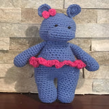 Crocheted and Stuffed Blue Hippo with Crocheted Pink Bow and Skirt. Cotton Yarn.  9" tall