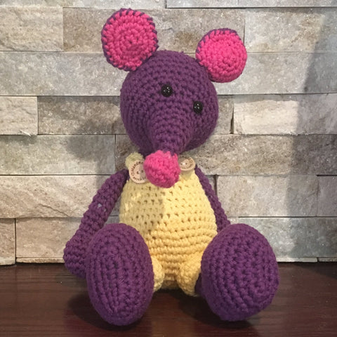 Crocheted and Stuffed Purple Mouse with a Yellow Jumpsuit.  Cotton Yarn.  Zoomigurumi pattern.  8" tall