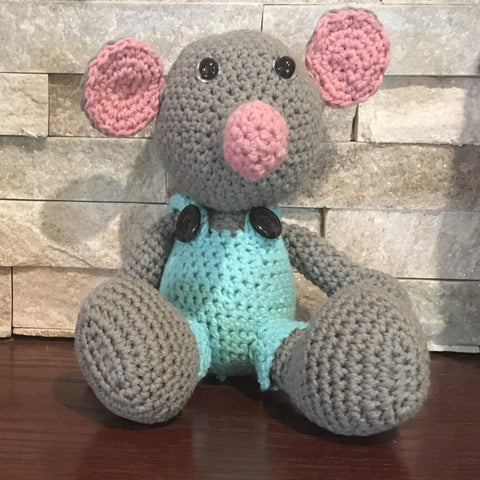 Crocheted and Stuffed Gray Mouse with Crocheted Turquoise Jumpsuit. Cotton Yarn. Zoomigurumi pattern. 8" tall