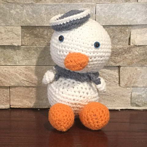 Crocheted and Stuffed Sailor Duck with Blue Sailor Hat and Scarf.  Cotton Yarn.  Zoomigurumi pattern. 7-1/2" tall
