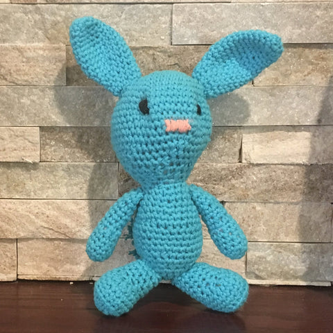 Crocheted and Stuffed Turquoise Bunny with Pompom Tail.  Cotton Yarn.  9" tall