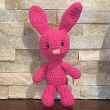 Crocheted and Stuffed Hot Pink Bunny with Pompom Tail.  Cotton Yarn. 11-1/2" tall
