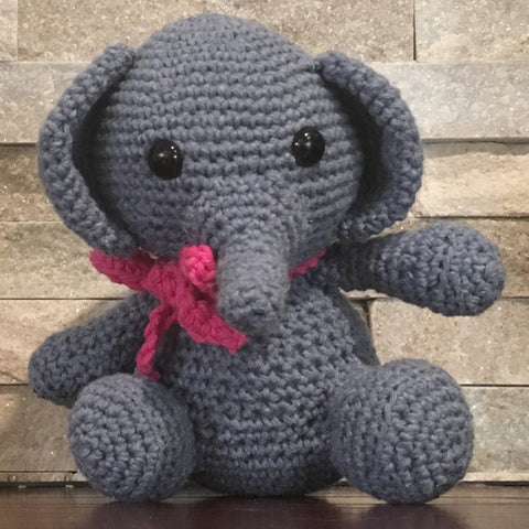 Crocheted and Stuffed Blue Elephant with Pink Crocheted Scarf.  Cotton Yarn.  Zoomigurumi pattern. 8" tall