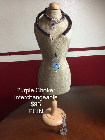 Purple glass seed bead Choker with sterling wire, interchangeable dangle. 7" Bracelet and earrings included. All sterling.