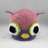Pink and Purple Owl Hat. Medium. Up to 18 months. Hand crocheted Amigurumi pattern.  Cotton yarn.  Machine wash gentle cold.  Do not put in dryer.