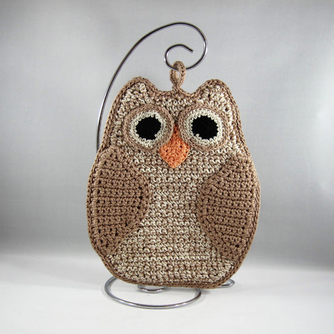 Beige Owl Hot Pad holder.  Crocheted with flame retardant cotton.  Machine washable.  Two layers sewn together.