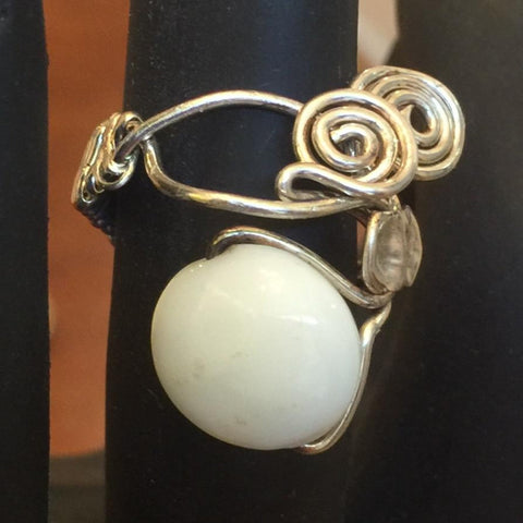 White Bead Sterling Wire Wrap Ring Size 6.5