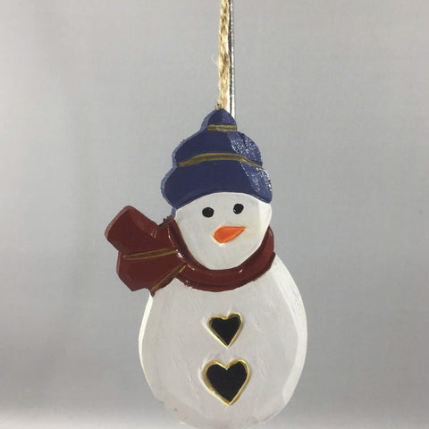 Hand Painted Snowman Christmas Tree Ornament.  Wooden.  4"
