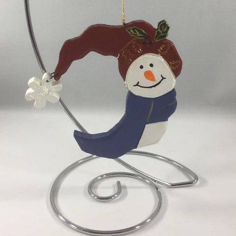 Hand Painted Snowman in the Breeze Ornament.  Wooden.  5"