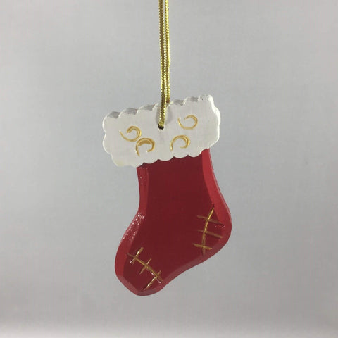Hand Painted Red Christmas Stocking Tree Ornament.  Wooden. 2-1/2"