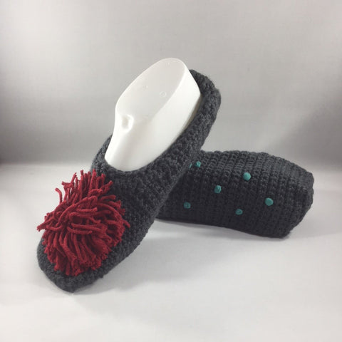 Crocheted Slippers with Dark Gray Acrylic Yarn and a Red Yarn Pom Pom.  Size 9-1/2.