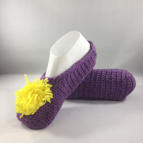 Crochet Slippers, Purple with Yellow Pom Pom, Size 8