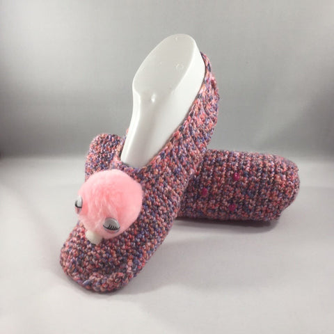 Crocheted Slippers, Pink Variegated Acrylic Yarn with a Pink Pom Pom.  Size 8.