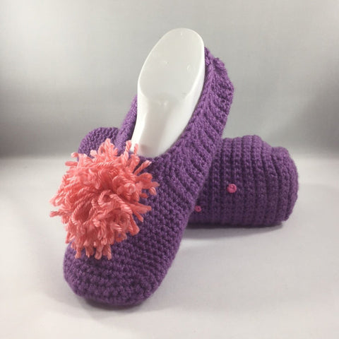 Crocheted Slippers with Dark Purple Acrylic Yarn and a Pink Yarn Pom Pom.  Size 8-1/2.