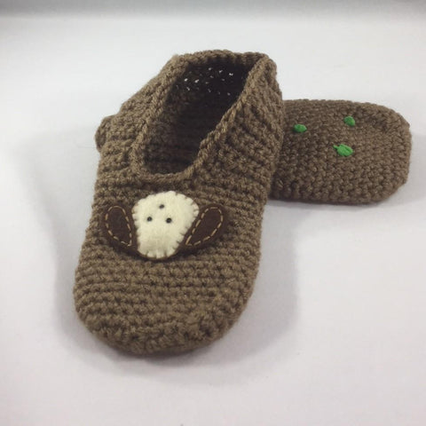 Crocheted Slippers with Brown Acrylic yarn and a White Doggy Patch with Brown Ears.  Size 6.