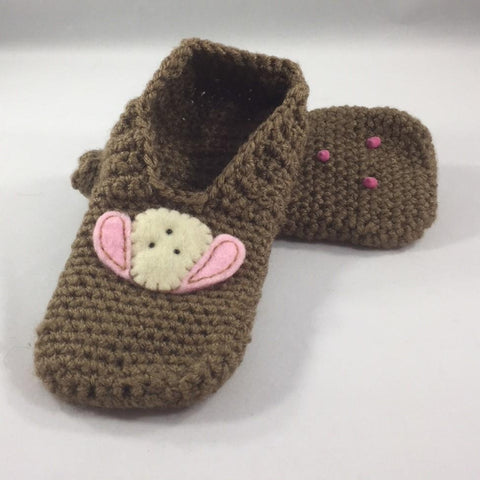 Crocheted Slippers, Dark Brown with Acrylic Yarn and a White Doggy Patch with Pink Ears.  Size 6.