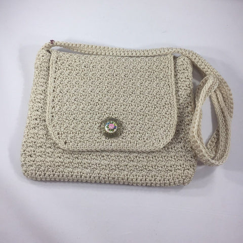 Beige Shoulder Bag 10" Wide x 7" Deep.  Shoulder Strap drop 20" with Button Accents.  Flap closure with Flower Button.  Sits at hip from shoulder.