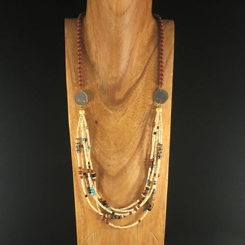 Indian Head Nickel, Trade Beads, Red Jasper, Sterling Necklace. Cocopah design. Length  25".  Earrings included.