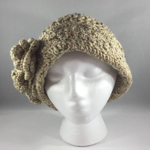 Crochet Hat,  Beige with Flowers, Adult Extra Large.  Acrylic yarn.  Machine Washable.