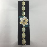 Bracelet, White and Pale Yellow Flower and Green Leaves made of Porcelain, Size 8