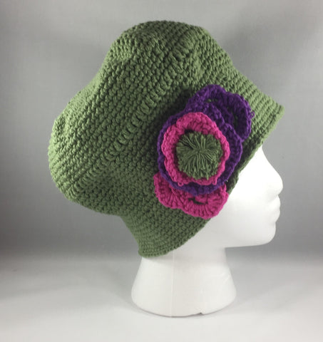Crochet Hat, Green with Purple and Pink Flowers