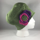 Crochet Hat, Forest Green with bright flowers, Adult Large