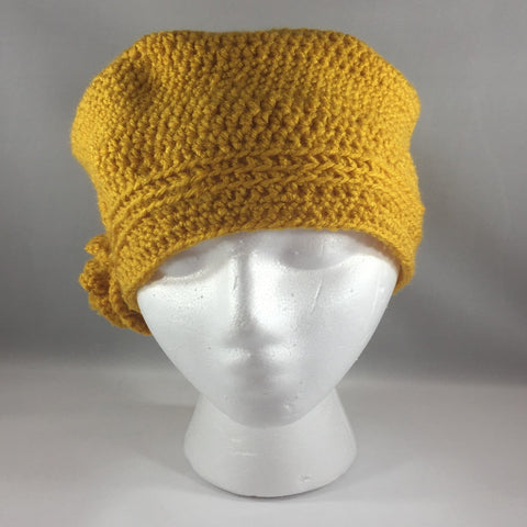 Crochet Hat, Golden Rod with Flower, Teen/Adult Large.  Acrylic Yarn.  Machine washable.