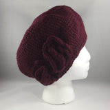 Crochet Hat, Maroon with Flowers, Teen/Adult Extra Large