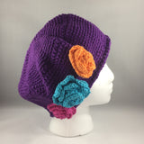 Crochet Hat, Purple with 3 Flowers, Teen/Adult Extra Large