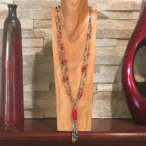 Long Bead Soup Necklace with a Veined Red Focal Bead.  Sterling.  Necklace measures 34" with a 3-1/2" drop.  Earrings included.