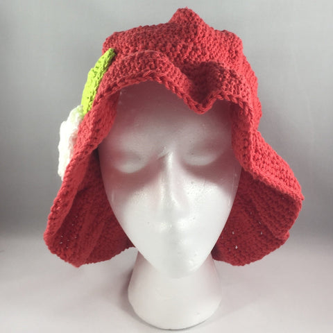Crochet Hat, Red with White Flower, Teen/Adult Large