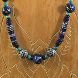 Necklace, Black onyx, Kingsman turquoise, magnesite, hand painted Cocopah porcelain. Sterling
