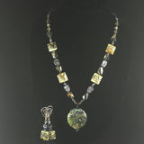 Green Swirl Square Ceramic Beads with Lamp Work Pendant.  Sterling.  Earrings included.  Necklace 25"