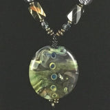 Necklace, Green Swirl Square Ceramic Beads with Pendant.  Sterling