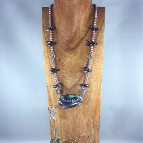 Necklace, Lavender/Pink shade Pearls, Beaded Shell Pendant, Dagger Beads. Sterling Earrings included.  Necklace 27"