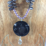 Necklace, Lavender/Pink shade Pearls, Dagger Beads and Black Flower Pendant.  Sterling