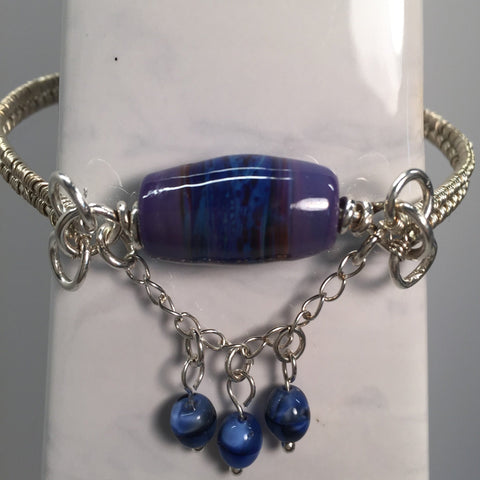 Wire Weave Sterling Bangle Bracelet with a Purple Swirl Focal Bead 