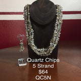 Hand Strung 5 strand Necklace of Quartz Chips.  9". Earrings included.  Sterling silver findings.
