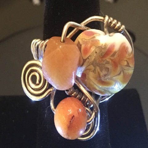 Sterling Wire Wrap, 2 Amber  Glass Beads and 1 Fall colors Glass Bead.  Size 7