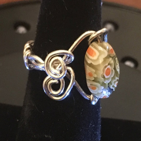 Sterling Wire Wrap, Murano Orange and Green Bead with swirls.  Size 6