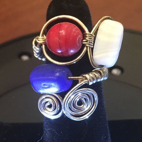 Sterling Wire Wrap, Red, White and Blue Glass Beads. Size 7-1/4