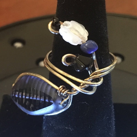 Sterling Wire Wrap, Black, white and blue glass beads.  Size 7
