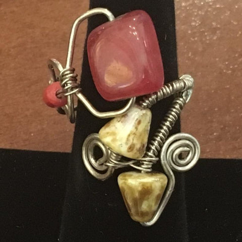 Sterling Wire Wrap, Deep Rose Nugget and Beige Mottled Beads.  Size 8
