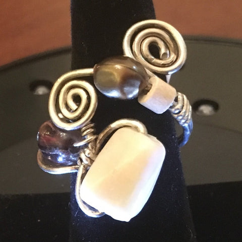Sterling Wire Wrap, Beige and Brown beads.  Size 8 1/2