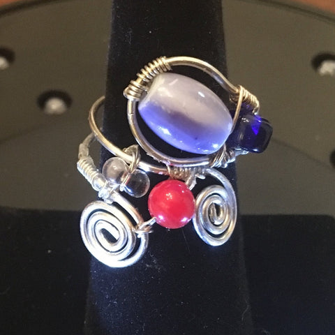 Sterling, Wire Wrap, Blue and Red Glass beads,  Size 8