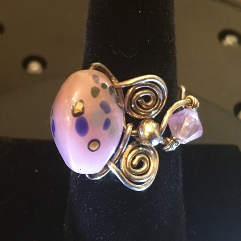 Sterling Wire Wrap, Pink Lampwork bead and embellishment.  Size 7-1/4