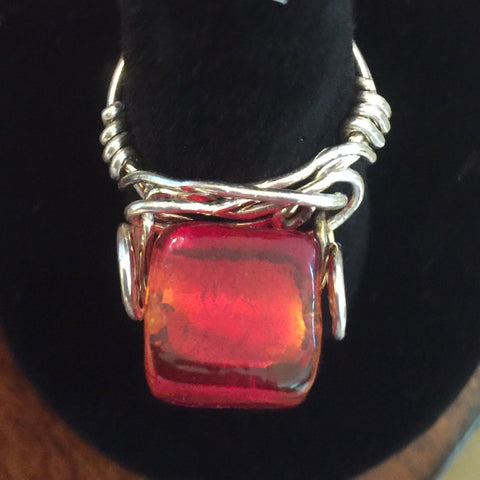 Wire Wrap, Sterling. Large Red Glass Cube Size 7 1/2
