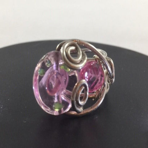 Ring, sterling Wire Wrap, Pink Lampwork Bead and pink leaf bead.  Size 5 1/4