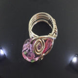Ring, sterling Wire Wrap, Pink Lampwork Bead and pink leaf bead,Size 5-1/4